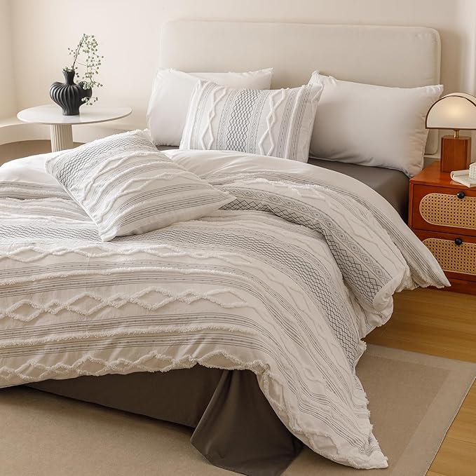 Cottonight White Black Boho Comforter Set Twin Farmhouse Tufted Bedding Set Soft Bohemain Shabby Chic Blanket Quilts Embroidery Rustic Luxury Soft 3PCS Bed Set for Women Men