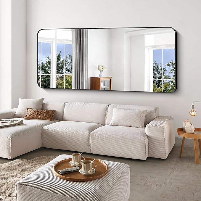 Large Bathroom Mirror, 72 x 30 inch Black Rectangle Mirror, Metal Frame Rectangular Vanity Mirror, Wall Mounted Mirror with Rounded Corner for Bedroom Living Room Hangs Horizontal Or Vertical