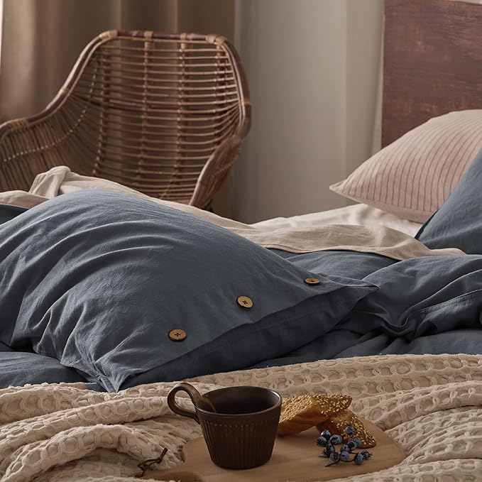 Bedsure Linen Duvet Cover Queen - Linen Cotton Blend Bedding Set, Soft & Cozy, 3 Pieces, 1 Duvet Cover 90x90 Inches and 2 Pillowcases, Charcoal Grey Color Cooling Bedding, Comforter Sold Separately