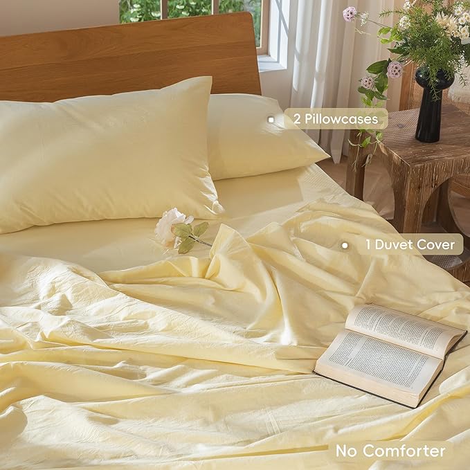 MooMee Bedding Duvet Cover Set 100% Washed Cotton Linen Like Textured Breathable Durable Soft Comfy (Heathered Butter Yellow, Full 80"x90")