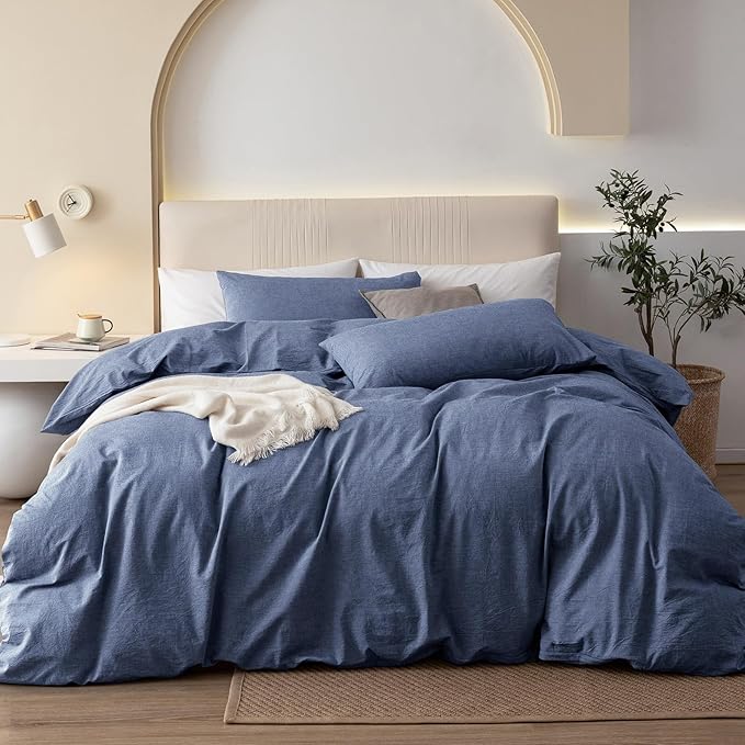 JIYUAN 100% Washed Cotton Duvet Cover Set 3 Pieces Queen, 1 Duvet Cover 90x90 Inches(Comforter Not Included) and 2 Pillowcases,Linen Like Comfy and Breathable,Heathered Blue