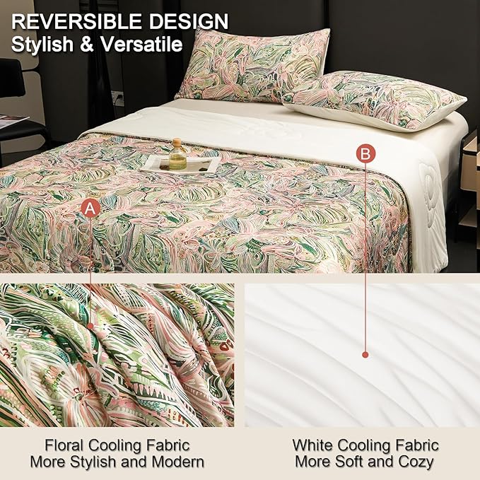Cyusri Floral Print Cooling Comforter Set 2Pcs Breathable Cool Twin Size Bedding Set with 1 Pillowcase Green Pink Flowers Pattern Silky Cold Quilt, 68"x90"
