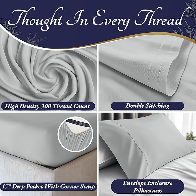 DECOLURE 100% Viscose Derived from Bamboo Sheets Twin Size 3pcs - Ultra Soft & Luxuriously Cooling, 17" Deep Pocket, Double Stitching, Perfect for Hot Sleepers - Twin Bed Sheets (Light Grey)