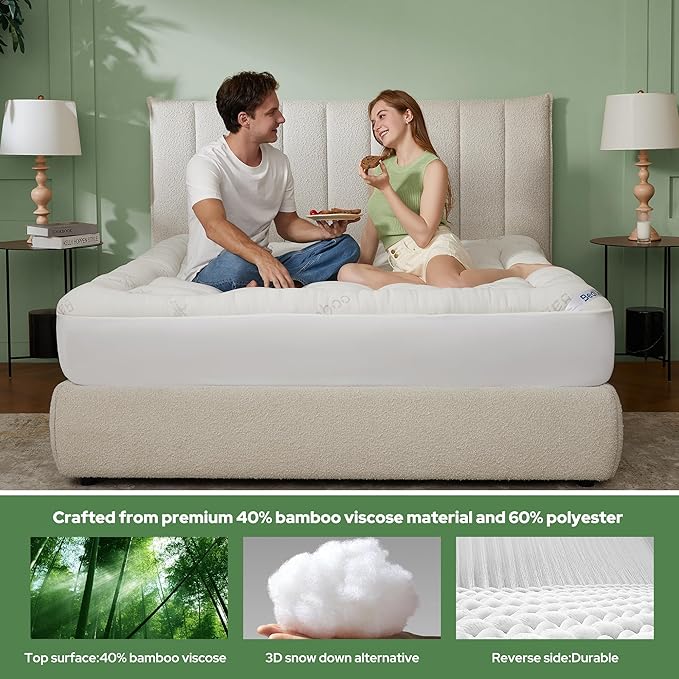 BEDLORE King Mattress Topper Viscose Derived from Bamboo, Thick Pillow Top Mattress Pad with Stretchable Pockets for 6-18 inches Mattress, Soft Breathable Mattress Topper for Back Pain Relief