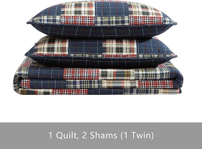 Eddie Bauer - Twin Quilt Set, Cotton Reversible Bedding with Matching Sham, Luxurious Bedding Set (Madrona Navy/Red, Twin)