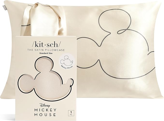 Kitsch & Disney Mickey Mouse Satin Pillowcase with Zipper Softer Than Silk, Cooling Pillowcase for Hair & Skin, Wrinkle-Free, Washable, Queen/Standard (19x26)