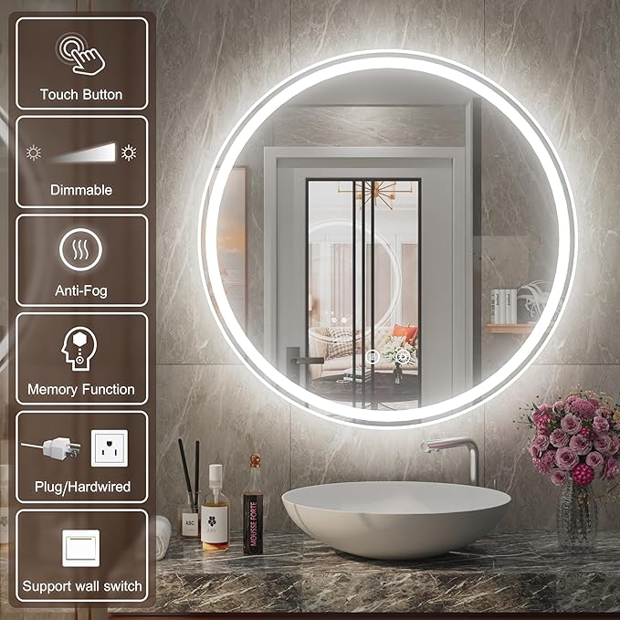 40-Inch Round LED Bathroom Mirror with Anti-Fog, Dimmable Front & Backlit Lights, 6000K Daylight, Frameless, 5mm HD Glass, Memory Function, Touch Control