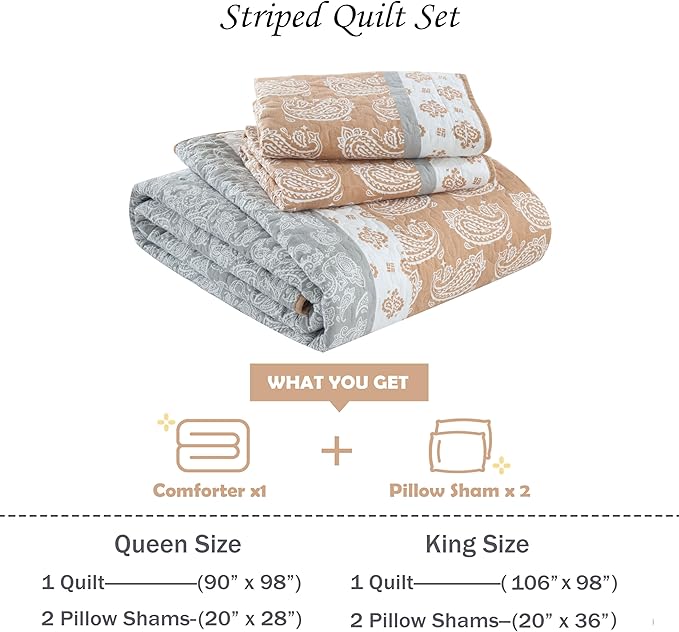 Terracotta Quilts Queen Size, Cotton Queen Comforter Set, Orange Grey Bedding, Lightweight Bedspread Machine Washable 3 Piece