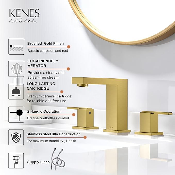 KENES Brushed Gold Widespread Bathroom Faucet 2 Handle Bathroom Sink Faucets 3 Hole, Gold 8-Inch 3 Pieces Vanity Lavatory Faucet with Supply Lines, KE-9050-4