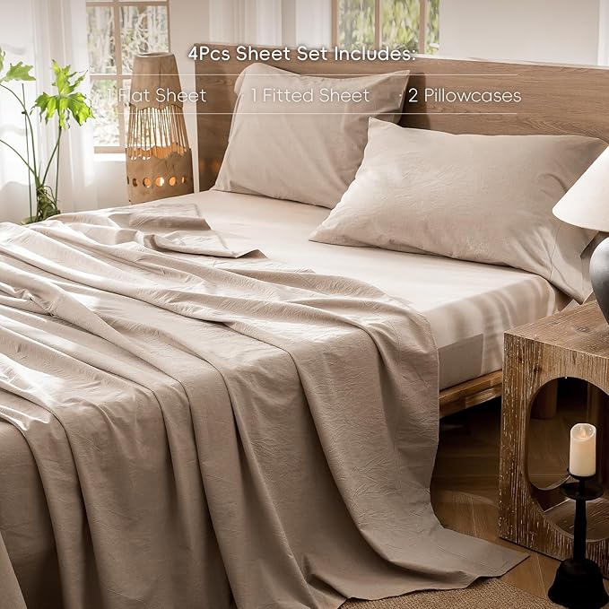 MooMee Bedding Sheet Set 100% Washed Cotton Linen Like Textured Breathable Durable Soft Comfy (Heathered Taupe, King)