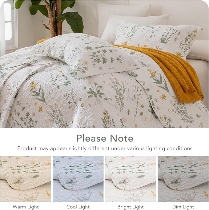 Lady Ann Cotton King Size Quilt Set - Yellow Floral & Green Leaves Pattern Botanical Printed Quilted Coverlet, 3 Pcs Lightweight Soft Cottagecore King Bedspread Set Shabby and Chic Bedding