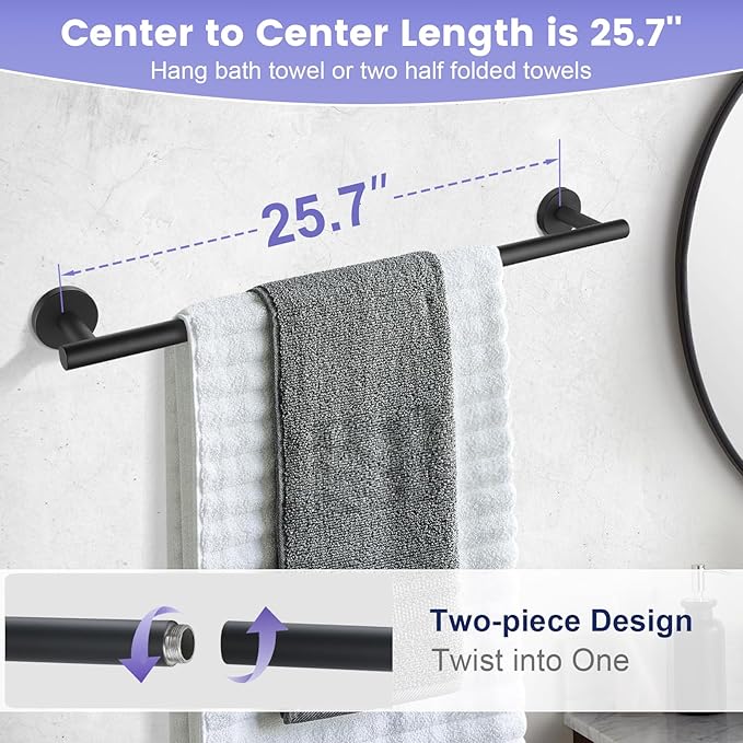 YACVCL 5 Pieces Bathroom Hardware Set Black, 27.5 Inch Towel Holder for Bathroom Wall SUS304 Stainless Steel, Matte Black Bathroom Accessories Wall Mounted, Bathroom Towel Holder Set, Towel Rod