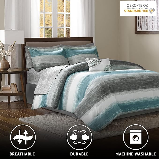 Madison Park Essentials Cal King Comforter Set, Bed in a Bag, Watercolor Print Coastal Comforter & Chambray Cotton Sheet Set, All Season Bedding Set, Saben, Aqua Cal-King (104 in x 92 in) 9 Piece