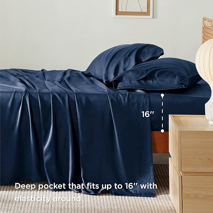 Bedsure California King Sheet Sets, Cooling Sheets for Hot Sleepers, Rayon Derived from Bamboo, Breathable & Soft, Deep Pocket Up to 16 Inches, Hotel Luxury Silky Bedding, Navy