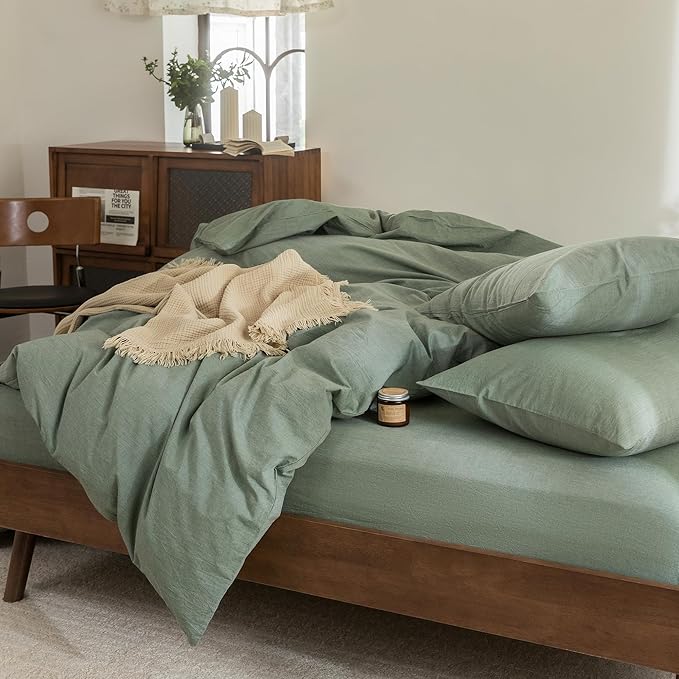 FOSSA Duvet Cover Set 100% Washed Cotton Linen Feel Super Soft Breathable Cozy Simple Style 3 Pieces Bedding Sets Solid Heathered Green Oversized King