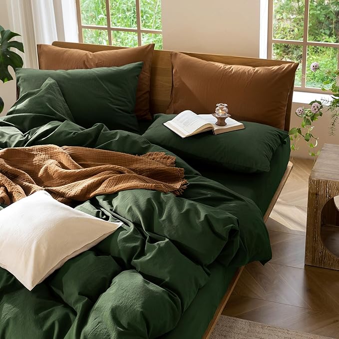 MooMee Bedding Duvet Cover Set 100% Washed Cotton Linen Like Textured Breathable Durable Soft Comfy (Solid Forest Green, King 104"x90")