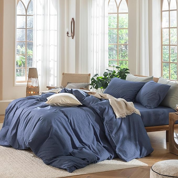 MooMee Bedding Duvet Cover Set 100% Washed Cotton Linen Like Textured Breathable Durable Soft Comfy (Heathered Blue, King 104"x90")
