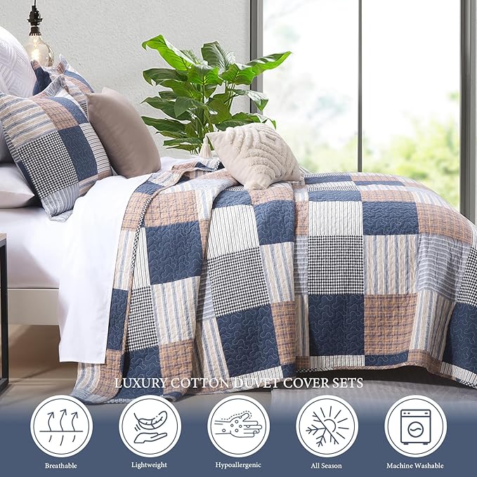 Uniclinens Plaid Quilt Set Queen Size, 100% Cotton Patchwork Plaid Quilt Bedding Set Bedspreads, Farmhouse Lightweight Comforter Quilted Quilt, 3 Pieces Set with 2 Pillowshams, Navy/Brown/White
