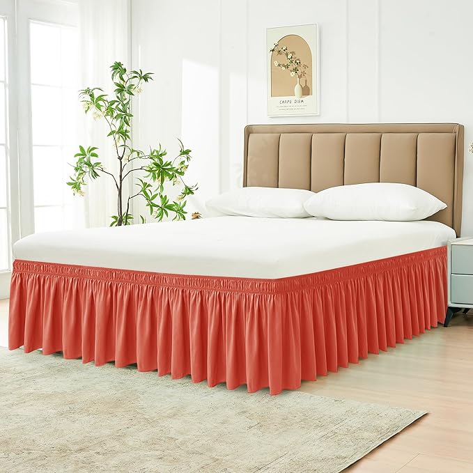 Biscaynebay Wrap Around Bed Skirts with Adjustable Belts for Twin & Twin XL Beds 15" Drop, Coral Elastic Dust Ruffles with Adjustable Belts Silky Luxrious Fabric Machine Washable
