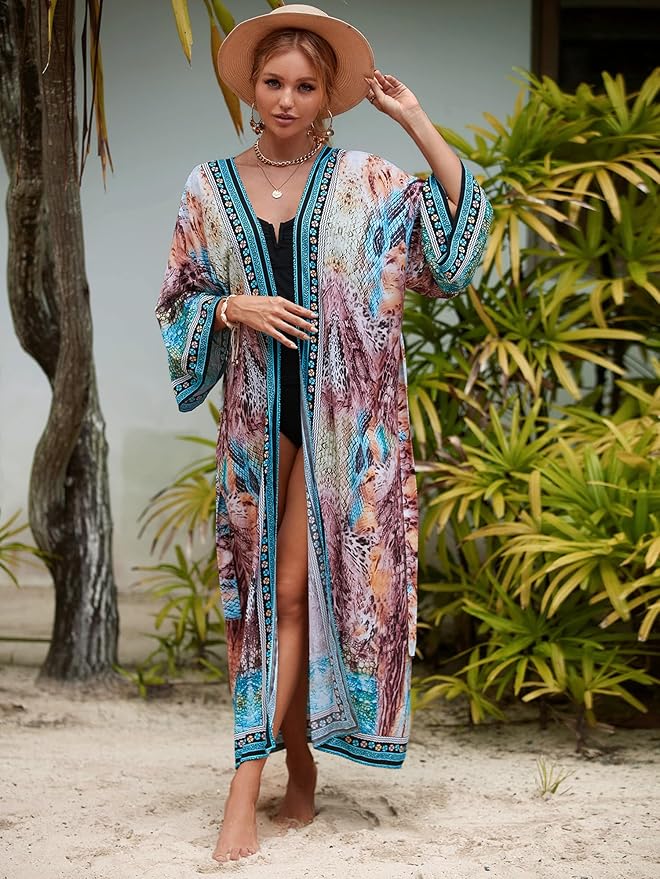 Women Casual Open Front Lightweight Cardigan Long Beach Kimono Cover Up