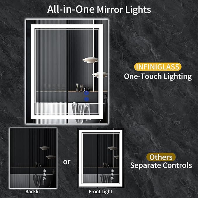 32"x30" LED Bathroom Mirror with Anti-Fog, Stepless Dimmable Lights, 3 Color Modes, Shatter-Proof Tempered Glass, Memory Function & Waterproof Design