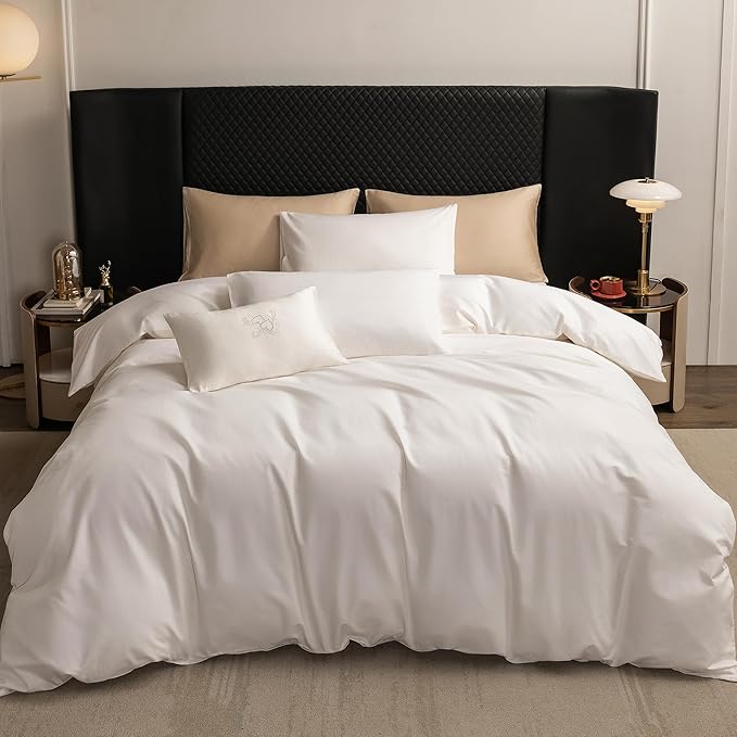 MooMee Duvet Cover Set 100% Extra Long Staple Cotton 600 Thread Count Silky Sateen Smooth Luxury Soft Breathable Durable Hotel Quality Bedding, 3 Pieces (Creamy White, Super Queen 90"x98")