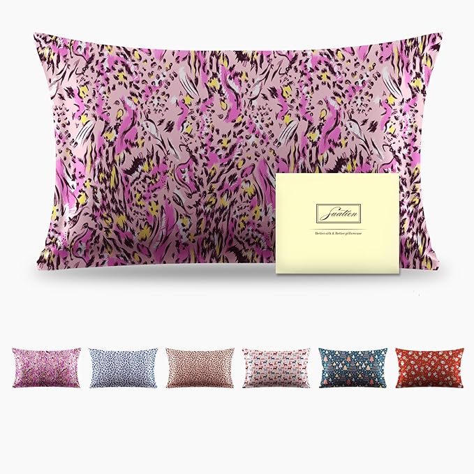 Mulberry Silk Pillowcase for Hair and Skin Standard Size Leopard Print Silk Pillow Cases with Zipper Soft Breathable Smooth Cooling Silk Pillow Covers for Sleeping (Pink Paint,20"X 26",1Pcs)