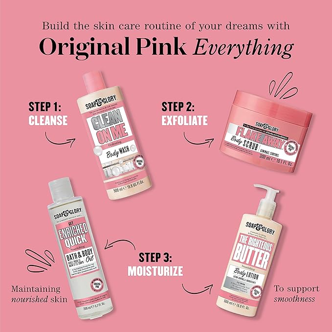 Soap & Glory Original Pink The Righteous Butter Moisturizing Body Lotion Pump - Shea Butter, Vitamin E & Aloe Vera Vegan Body Moisturizer - Rose & Bergamot Scented Lotion (500ml) (Pack of 2)