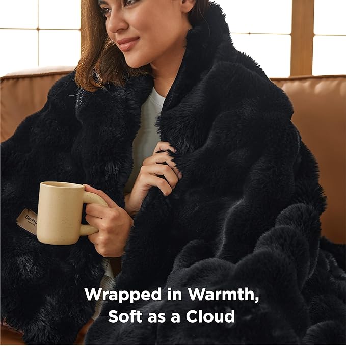 Bedsure GentleSoft Fluffy Faux Fur Blanket Twin Size, Fuzzy Soft Bubble Blanket for Couch, Home Decor Gifts for Bedroom Living Room, Thick Furry Cozy Gifts for Women, Black, 60x80 Inch