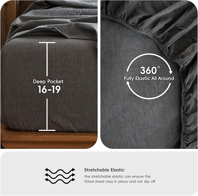 MooMee Bedding Sheet Set 100% Washed Cotton Linen Like Textured Breathable Durable Soft Comfy (Heathered Dark Grey, Queen)