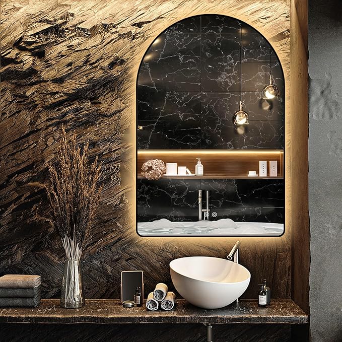 Niccy Arched LED Lighted Bathroom Mirror, 32x20 Inch Backlit Vanity Bathroom Mirror with Lights Brushed Black Framed Wall Mounted Mirrors with 3 Color Shatterproof Arch Smart Fog Free Mirror