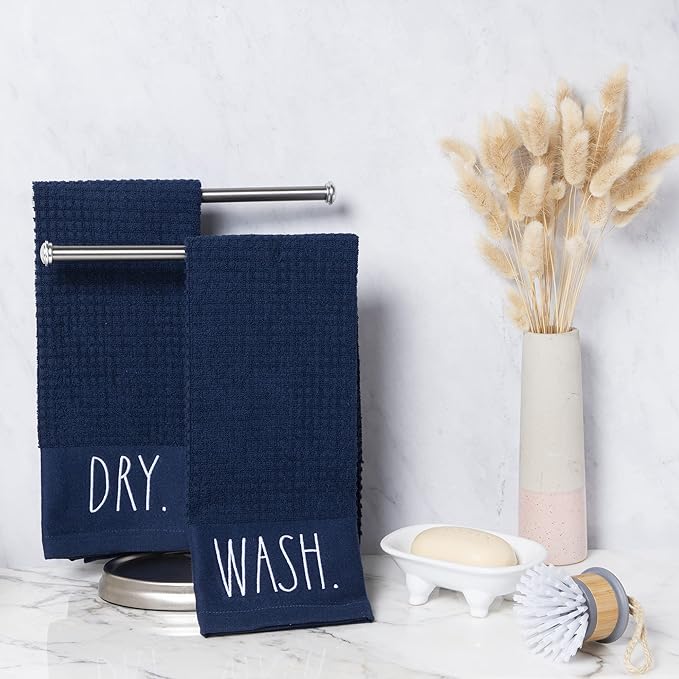Rae Dunn Set of Hand Towels for Kitchen and Bathroom, 100% Cotton, Embroidered Dish Towels, Decorative Hand Towels, Navy- Wash/Dry, 2 Pack
