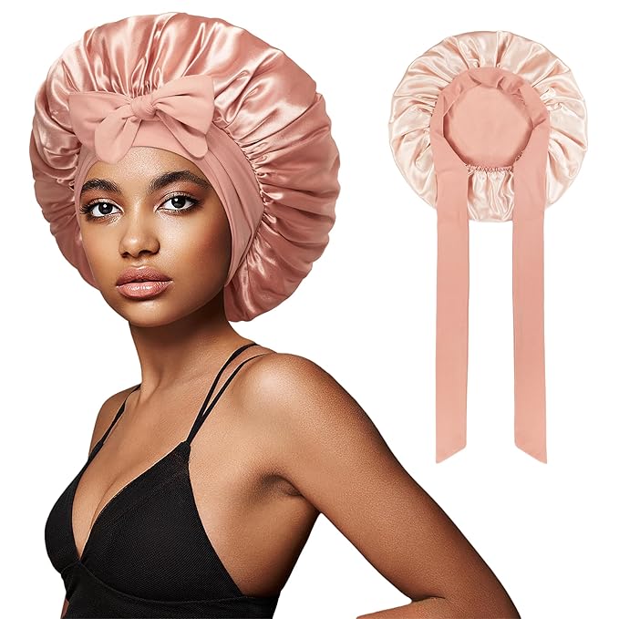 vidsel Bonnet with Tie Band, Hair Care Satin Silk Bonnet for Sleeping Women, Silky Sleep Bonnets for Women, Reversible Double Layer Sleep Cap for Curly Hair Braids