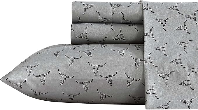 Wrangler - King Bed Sheets, Ultra-Soft & Lightweight Bedding with Matching Pillowcases, Lightweight Bed Set for All Season Comfort, Oeko-Tex Certified (Steer Skulls Grey)