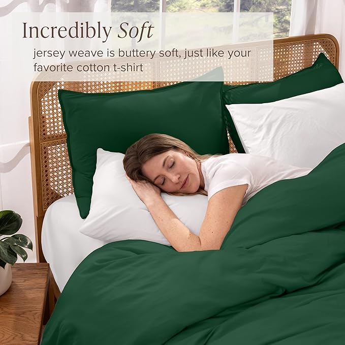 Bare Home 100% Organic Cotton Jersey Duvet Cover Set - Ultra Soft - 100% Cotton - 2pcs - Corner Ties - Button Closure - Bed Duvet Cover & Pillow Shams (Twin/Twin XL, Forest Green)