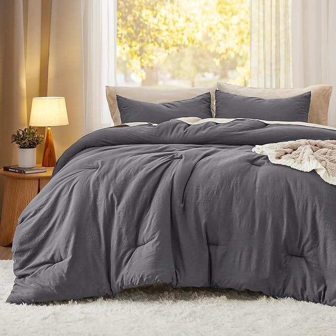 Bedsure Full Size Comforter Set, Dark Grey Soft Prewashed Bedding for All Seasons, 3 Pieces GentleSoft™ Warm Down Alternative Bed Set, 1 Lightweight Comforter (82"x86") and 2 Pillowcases (20"x26")