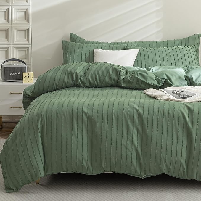 JELLYMONI Duvet Cover Queen Size Green - 3PCS Boho Striped Duvet Cover Set Polyester Tufted Bohemian Textured Comforter Cover 90×90in with Corner Ties & Zipper and 2 Pillowcases