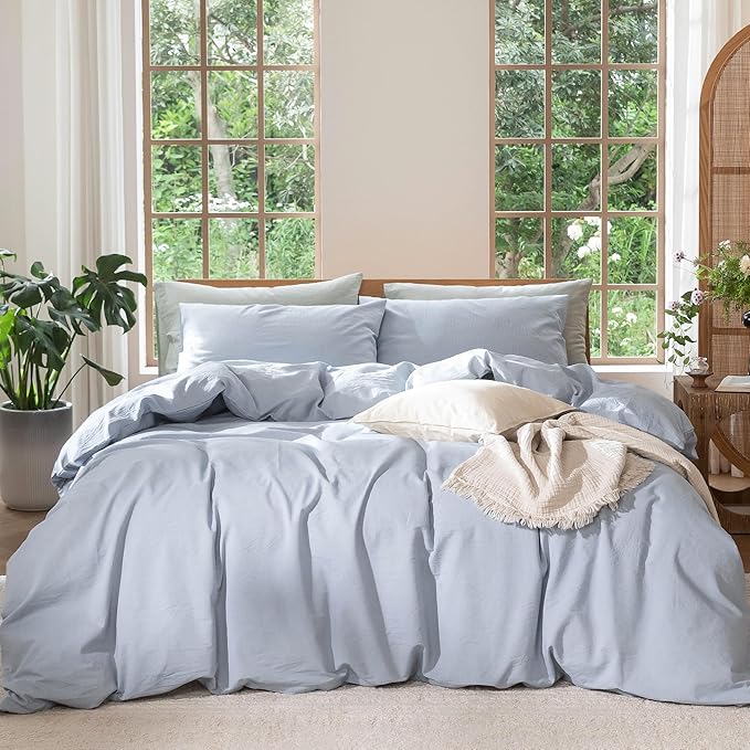 MooMee Bedding Duvet Cover Set 100% Washed Cotton Linen Like Textured Breathable Durable Soft Comfy (Heathered Cornflower Blue, Cal King 104"x98")