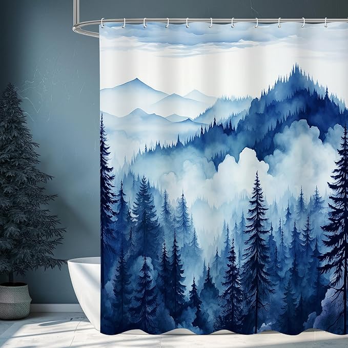 Navy Blue Misty Pine Forest Shower Curtain, Mountain Foggy Woodland Scenery Tree Shower Curtains for Chic Rustic Bathroom, Abstract Modern Waterproof Nature-Themed Decor, 72x72 Inches