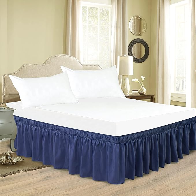 Biscaynebay Wrap Around Bed Skirts for Full & Full XL Beds Short Drop of 12", Navy Adjustable Elastic Dust Ruffles Easy Fit Wrinkle Resistant Silky Luxurious Fabric Machine Washable