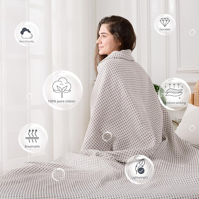 EGOHOME 100% Cotton Waffle Blanket Twin Size for Bed-Breathable and Lightweight,Soft Dual-Tone Textured Jacquard Waffle Weave Blankets for All Season,Sleet Grey,60 x 80 Inches
