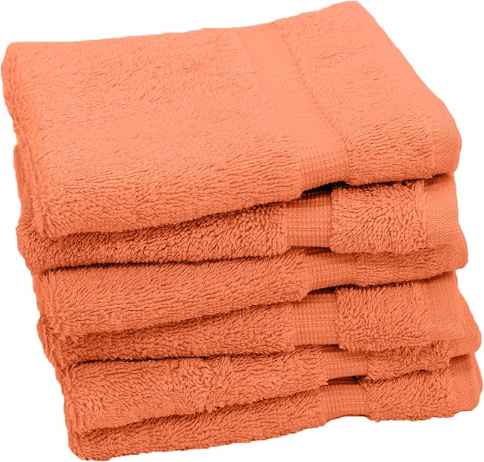 Luxury Hotel & Spa Towel Turkish Cotton Washcloths - Coral - Dobby Border - Set of 6