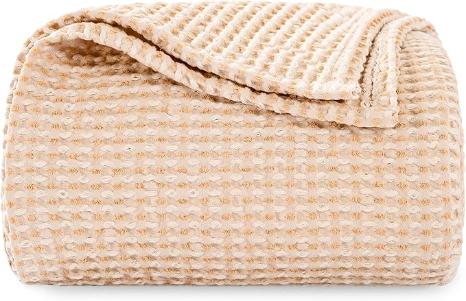 EGOHOME 100% Cotton Throw Blanket for Couch,Cotton Waffle Weave Blanket for All Seasons,Soft Lightweight Breathable Jacquard Dual-Tone Textured Blanket-Banana Cream,50 x 60 Inches