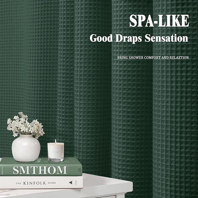 Long Waffle Shower Curtain - Dark Green Cotton Texture Fabric Heavyweight Shower Curtain for Bathroom,72Wx78L