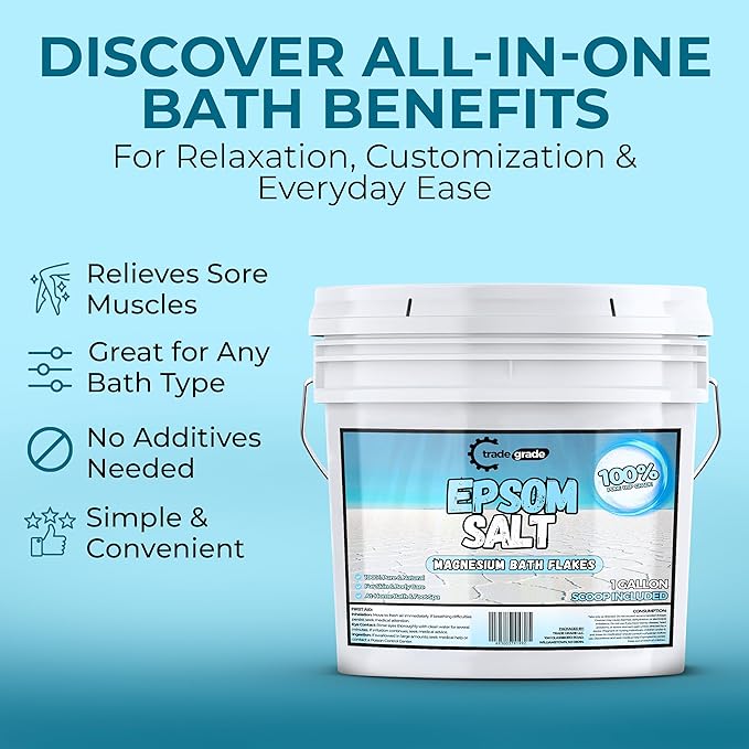 TradeGrade Epsom Salt – Pure Magnesium Sulfate for Soaking & Relaxation – Muscle Recovery, Wellness & Stress Relief – Includes Bucket with Scoop (1 Gallon)