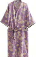 Women Cotton Double Gauze Jacquard Kimono Robe Bathrobe with Belt Pocket Comfortable Loungewear Yukata Sleepwear