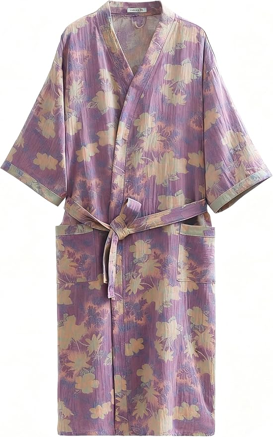 Women Cotton Double Gauze Jacquard Kimono Robe Bathrobe with Belt Pocket Comfortable Loungewear Yukata Sleepwear