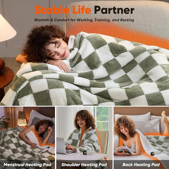 Sage Green Heated Throw Blanket Electric, 50X60 Heating Blanket with 10 Heat Levels & 8 Hours Auto Off for Lap, Checkered Plaid Soft Sherpa Blankets Warmer Gifts for Couch Grandma Women Adults