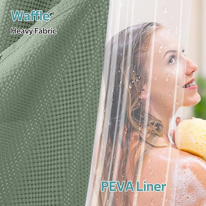 3 in 1 Shower Curtain Set, Waffle Shower Curtain and Liner Set with 12 Double Sided Shower Curtain Hooks, 258GSM Luxury Weighted Cloth Shower Curtains for Bathroom, 72 W x 72 H, Sage Green