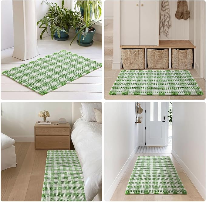 Waffle Bath Mat, Boho Bathroom Rugs Non Slip Washable Absorbent Checkered Bathroom Mat Quick Dry Cute Bath Mat, 48"x24" Green and White